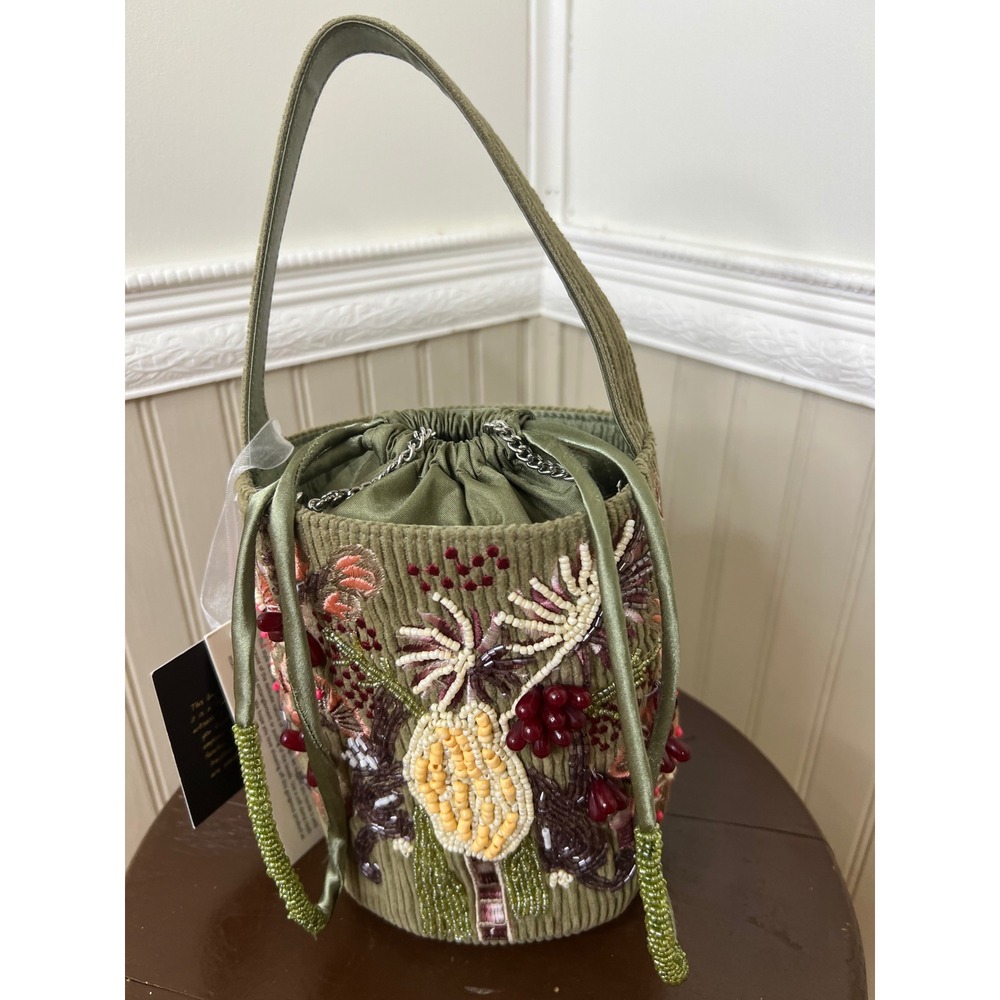 Handmade Beaded Corduroy Floral Bucket Bag Olive Green Drawstring India New